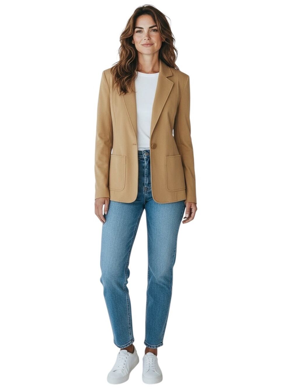KAREN MILLEN Women’s Camel Stretch Twill Single Button Notched Blazer